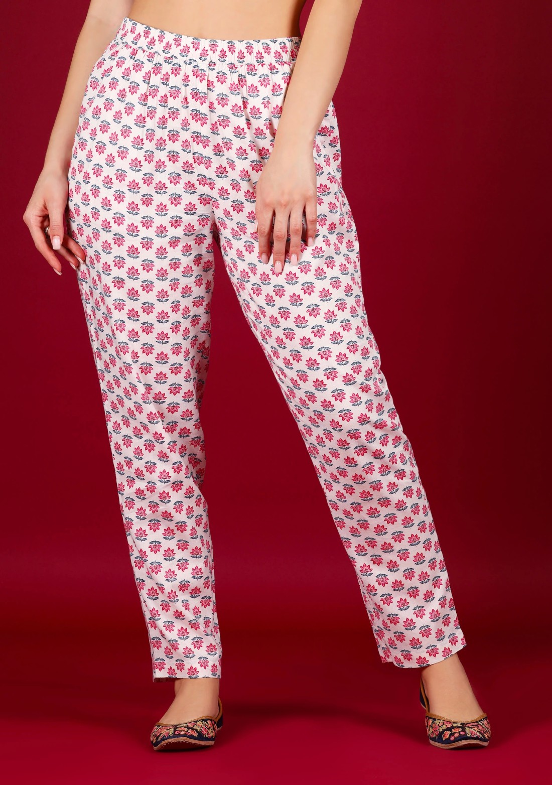 White Floral Print Rayon Narrow Pants