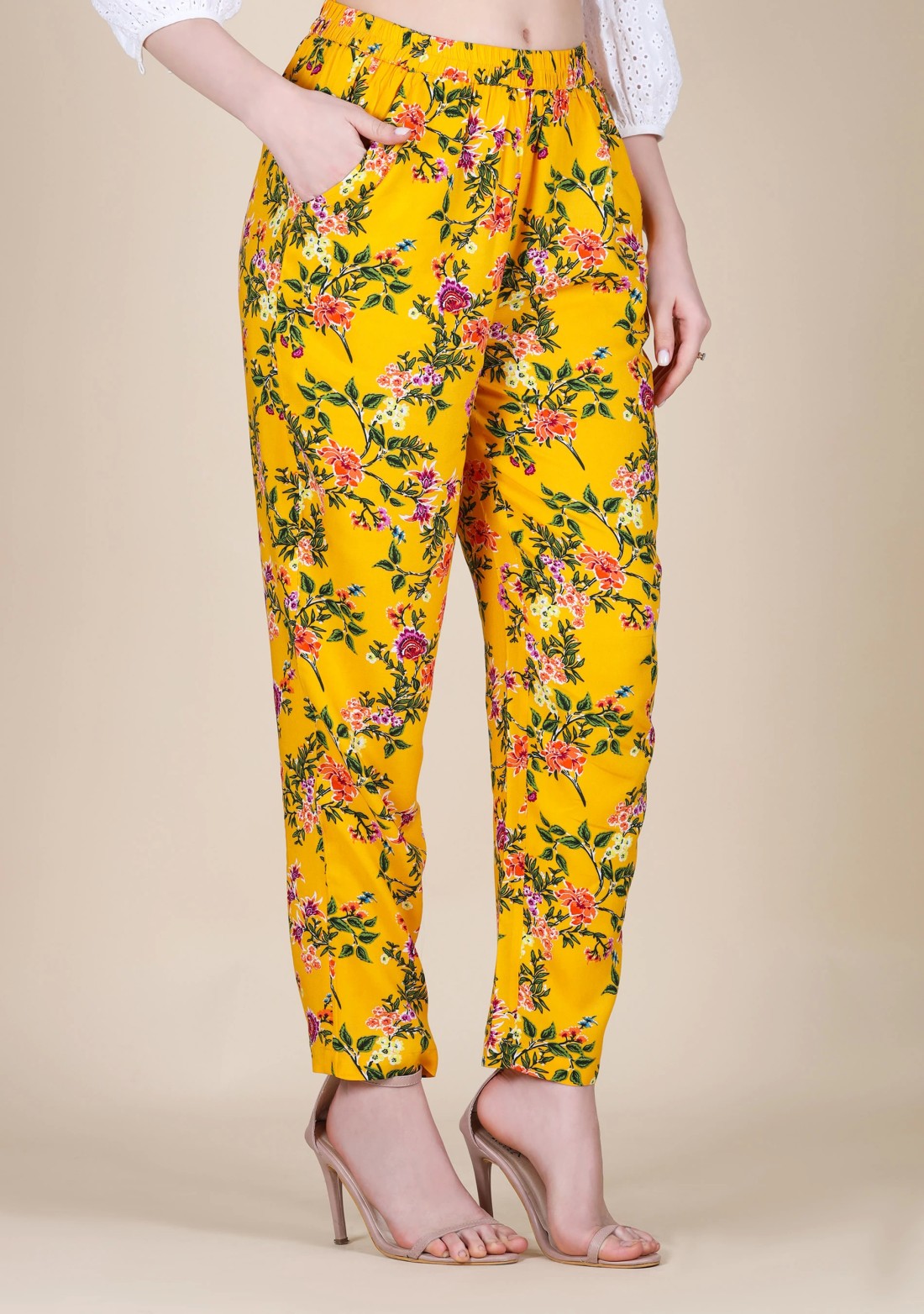 Yellow Floral Print Rayon Narrow Pants