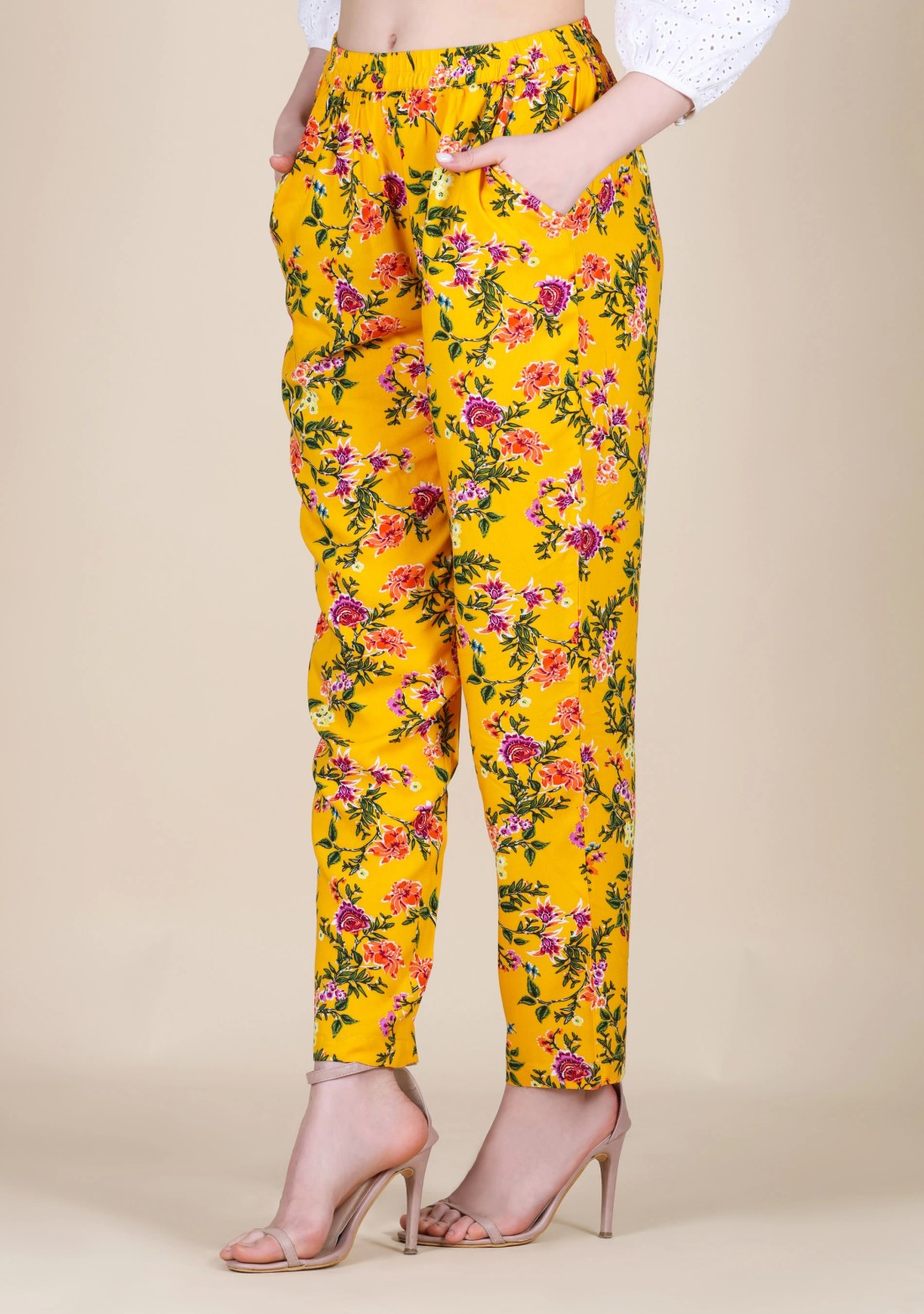 Yellow Floral Print Rayon Narrow Pants