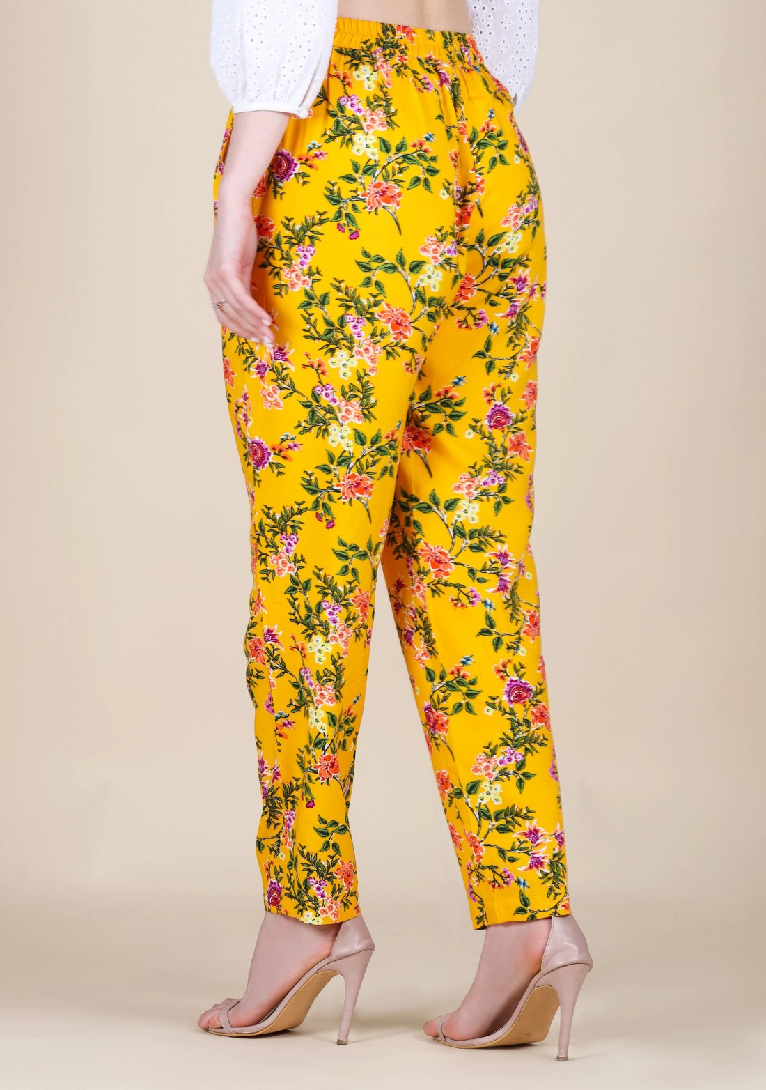 Yellow Floral Print Rayon Narrow Pants