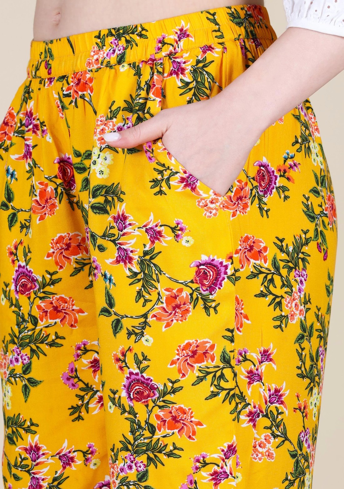 Yellow Floral Print Rayon Narrow Pants