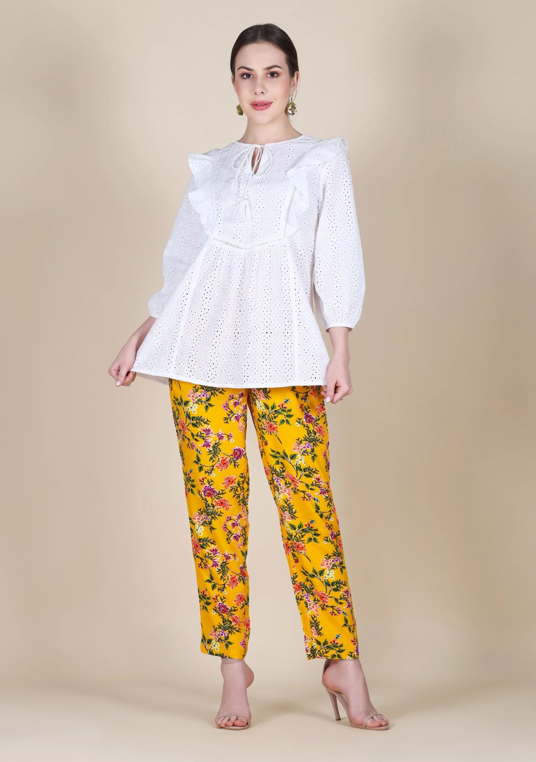 Yellow Floral Print Rayon Narrow Pants