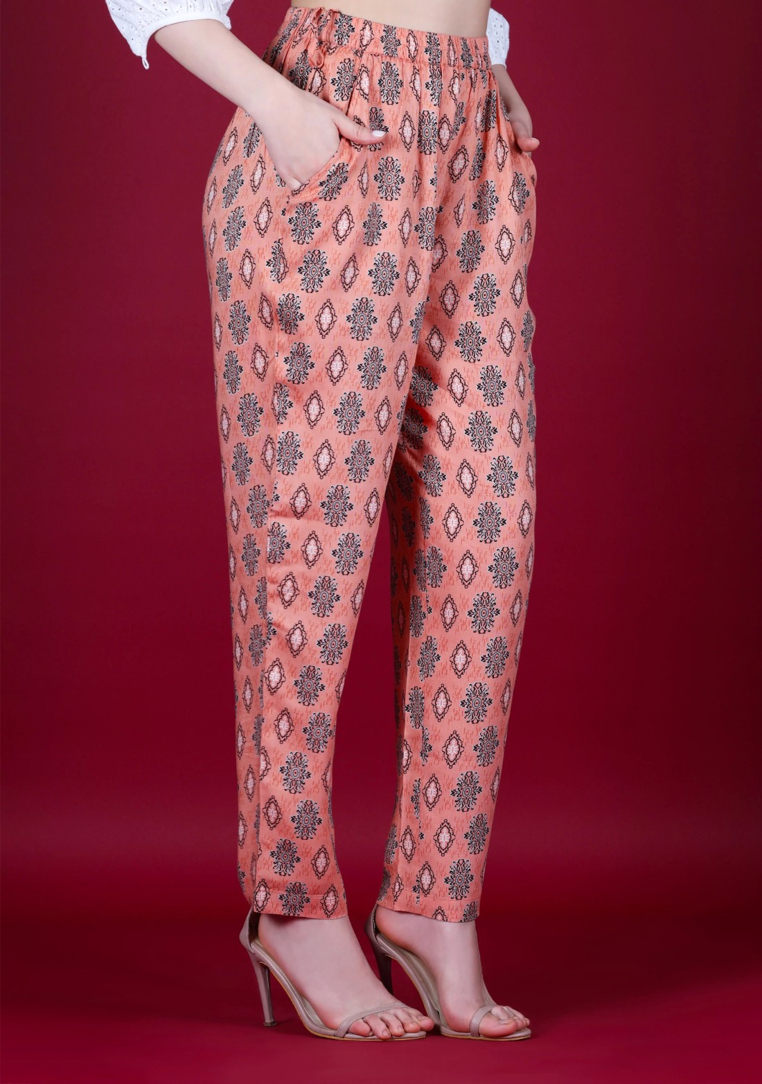 Coral Ethnic Print Rayon Narrow Pants