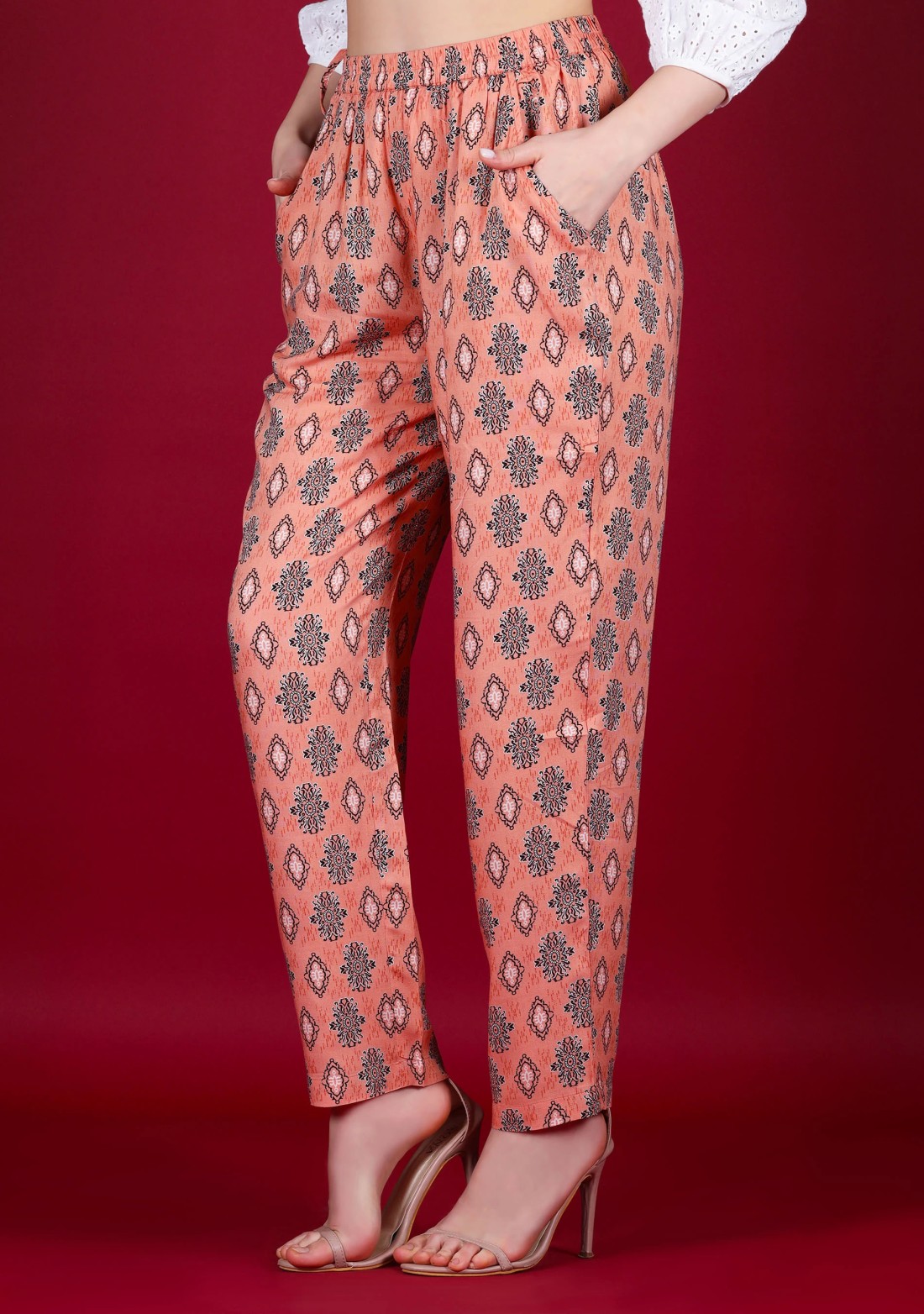 Coral Ethnic Print Rayon Narrow Pants