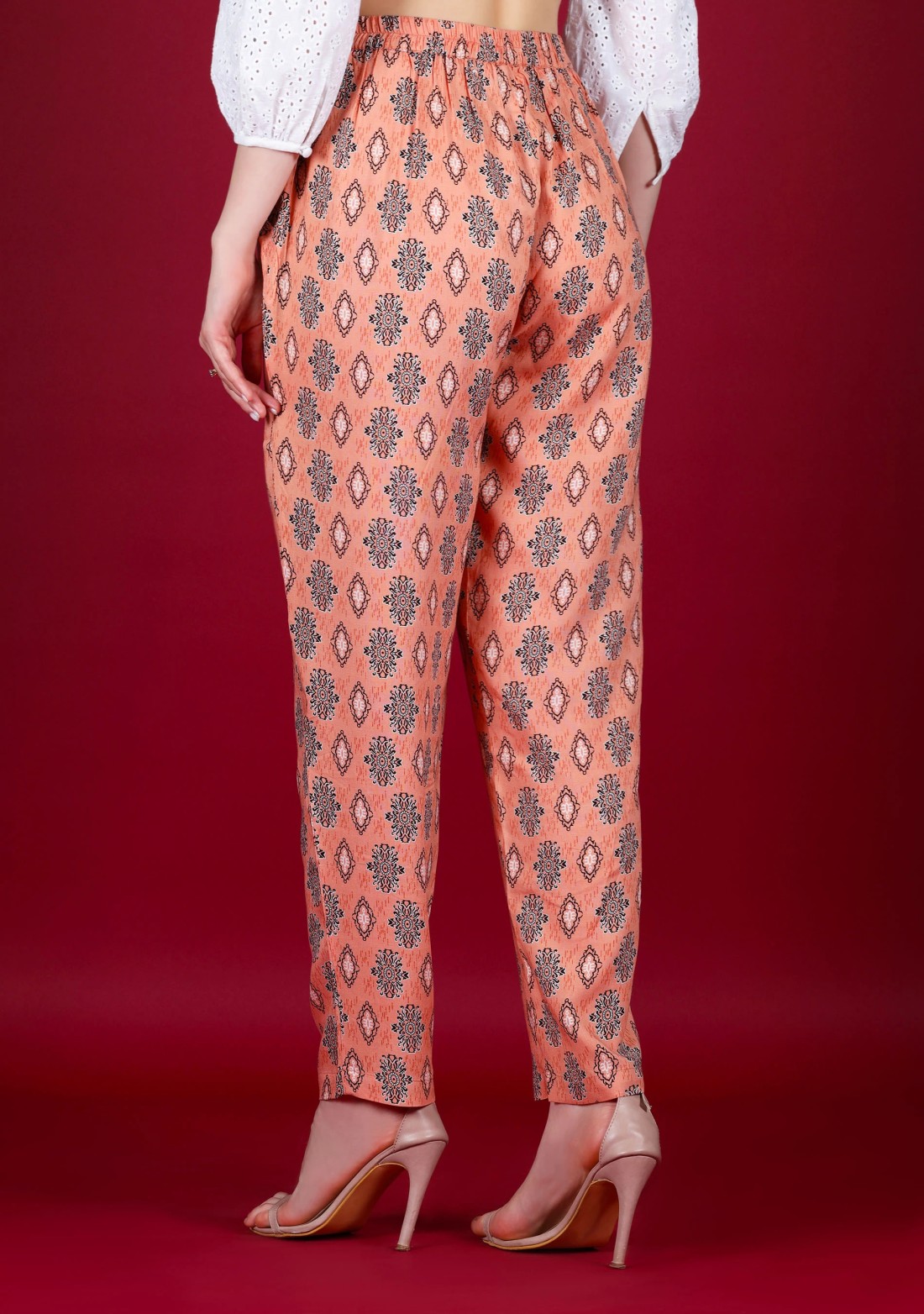 Coral Ethnic Print Rayon Narrow Pants