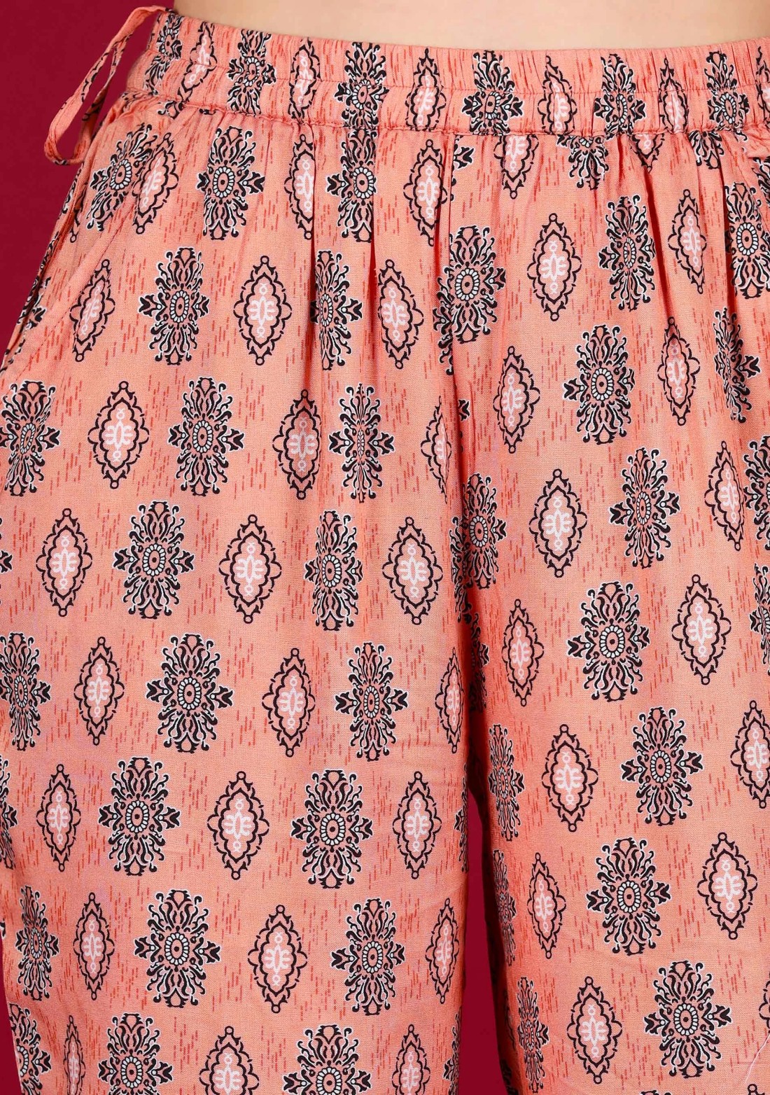 Coral Ethnic Print Rayon Narrow Pants