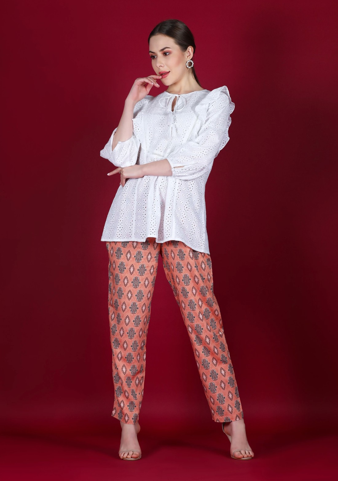 Coral Ethnic Print Rayon Narrow Pants