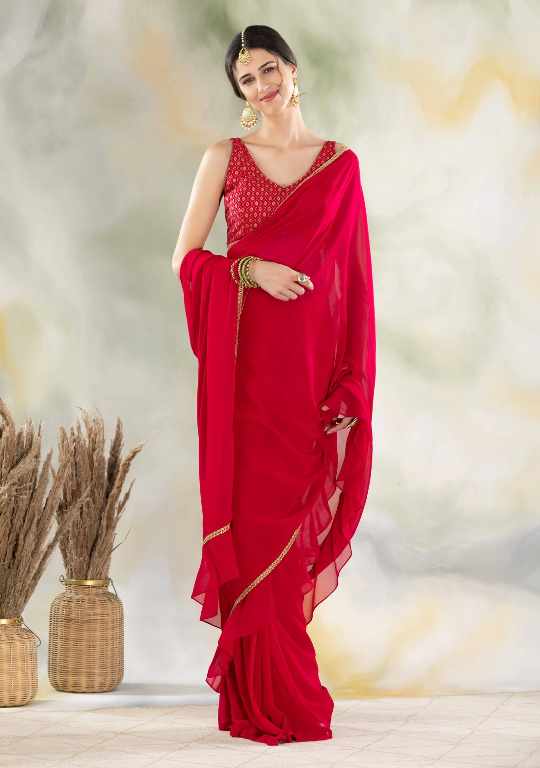 Fuchsia Pink Ready To Wear Ruffle Saree with Unstitched Khari Printed Blouse
