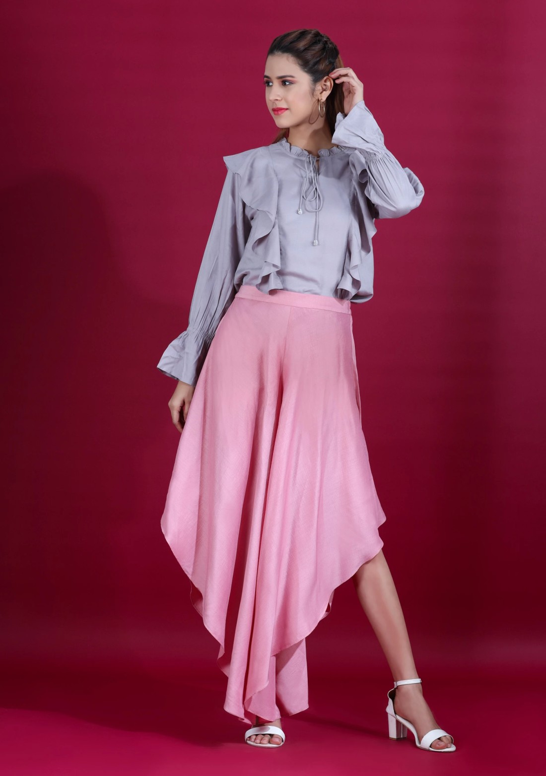 Soft Pink Asymmetrical Flared Pants