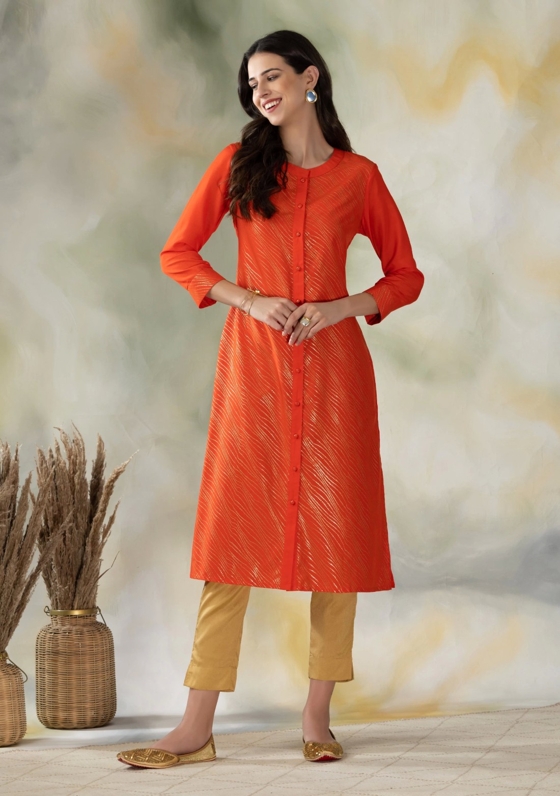 Orange Gold Print Muslin A-Line Kurti