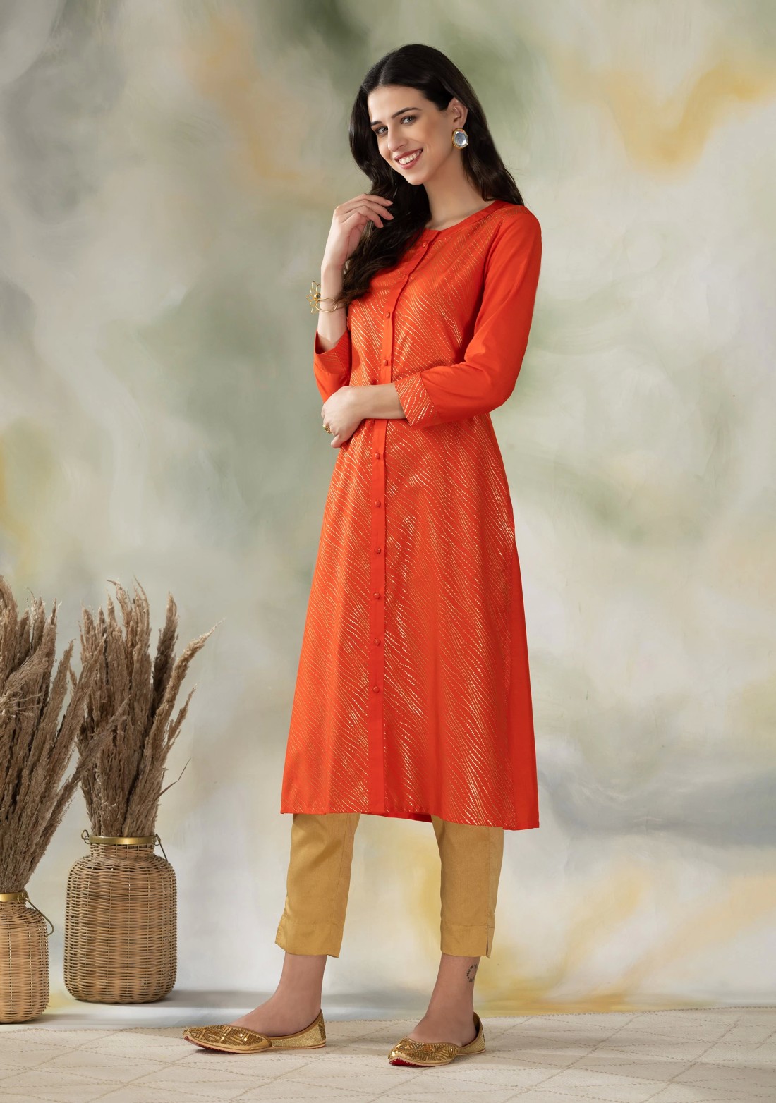 Orange Gold Print Muslin A-Line Kurti