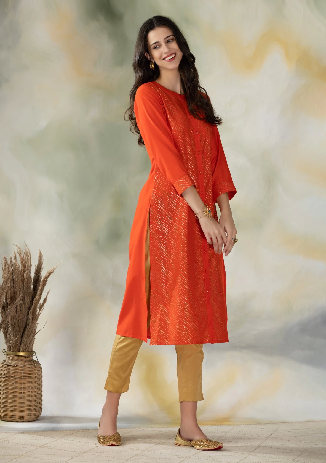 Orange Gold Print Muslin A-Line Kurti