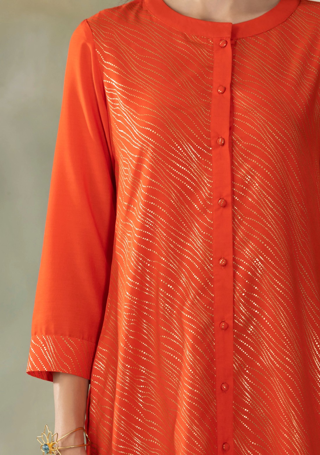 Orange Gold Print Muslin A-Line Kurti