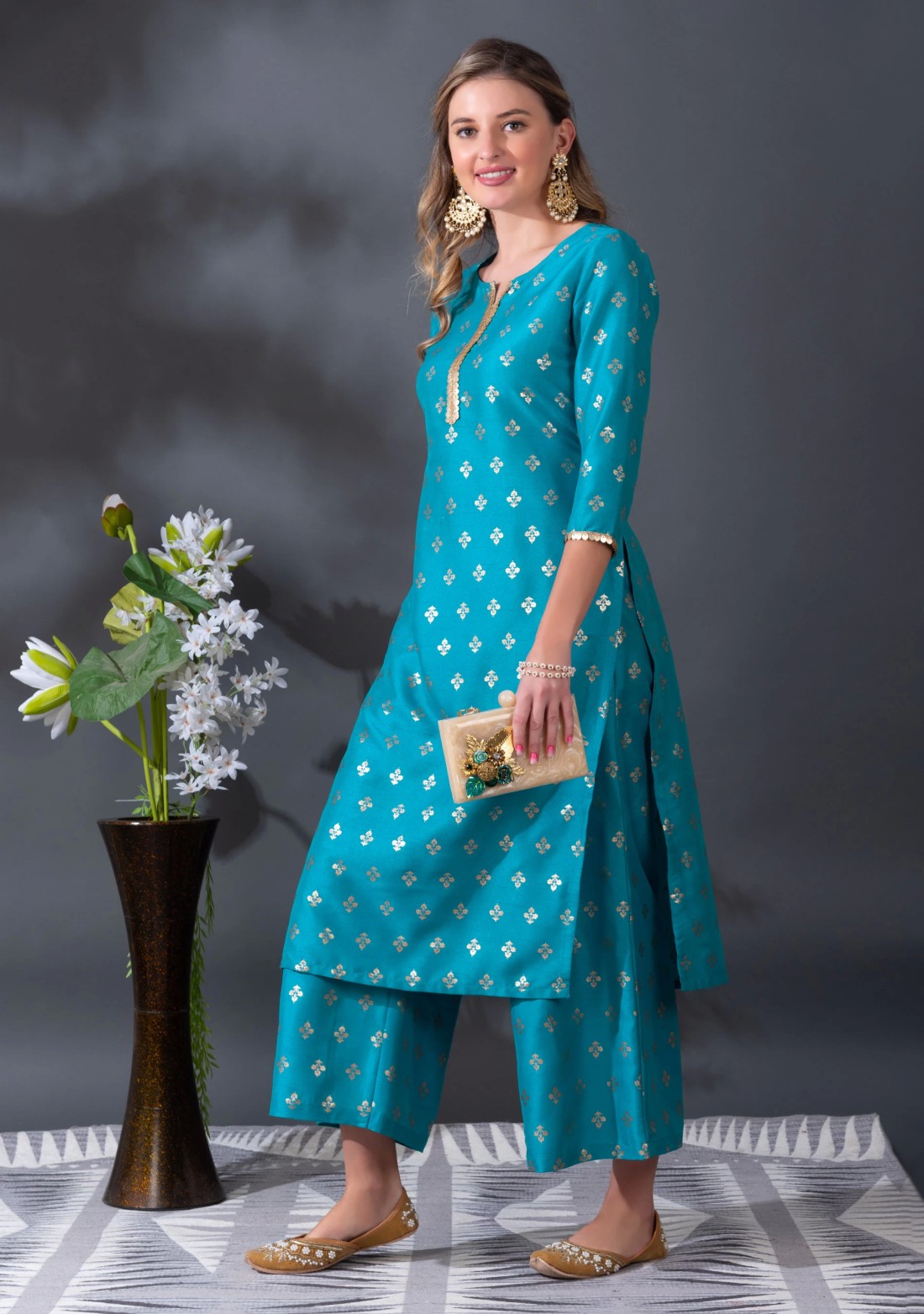 Blue Crepe Silk Foil Printed Straight Kurta