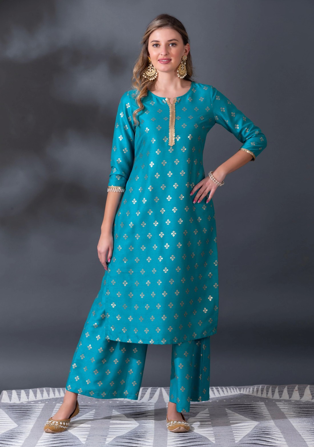 Blue Crepe Silk Foil Printed Straight Kurta