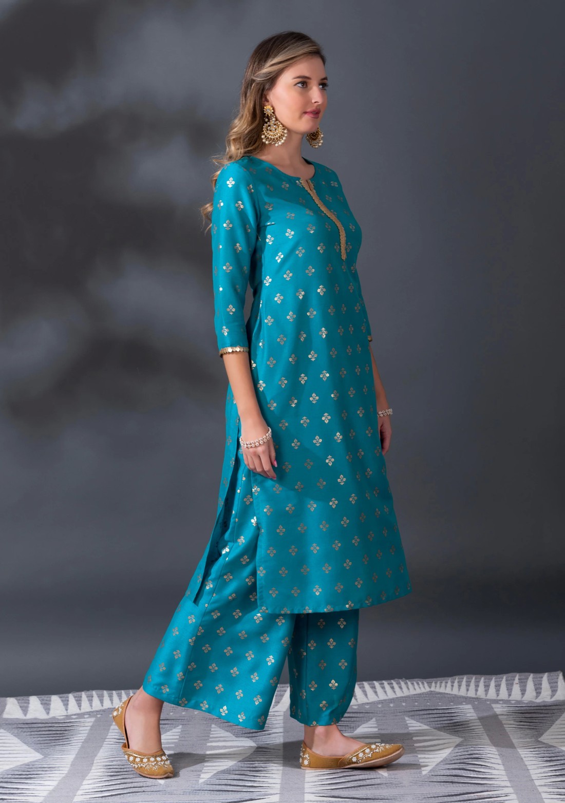 Blue Crepe Silk Foil Printed Straight Kurta