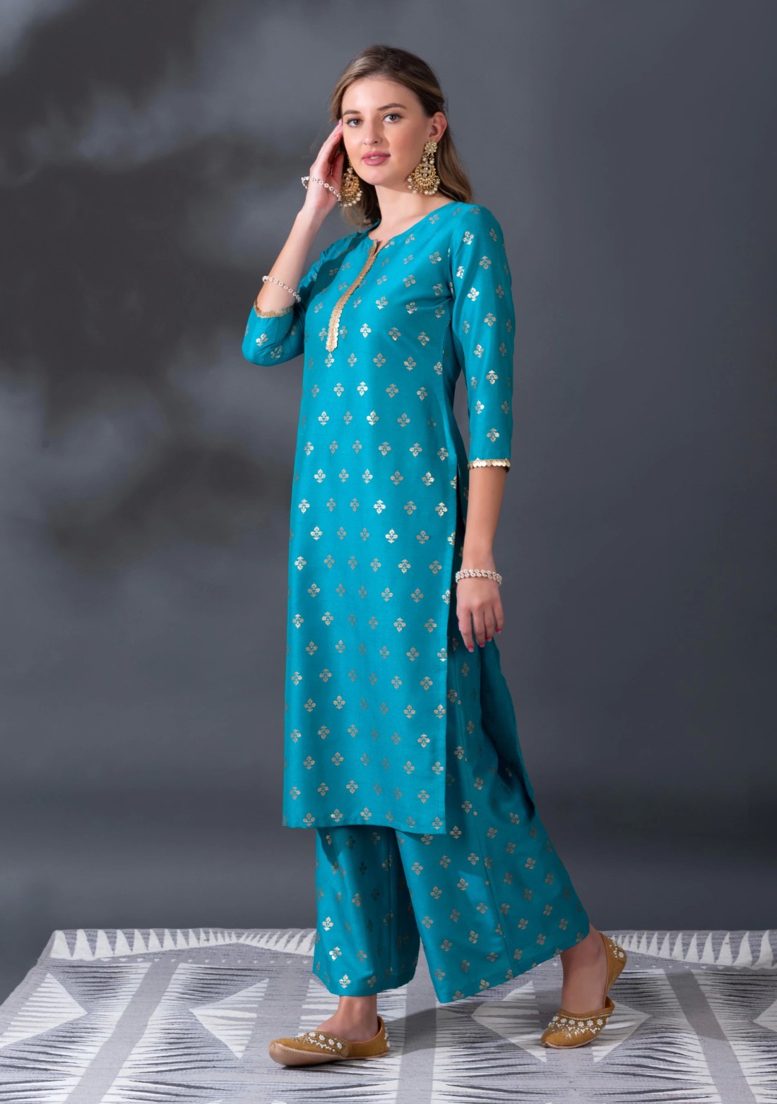 Blue Crepe Silk Foil Printed Straight Kurta