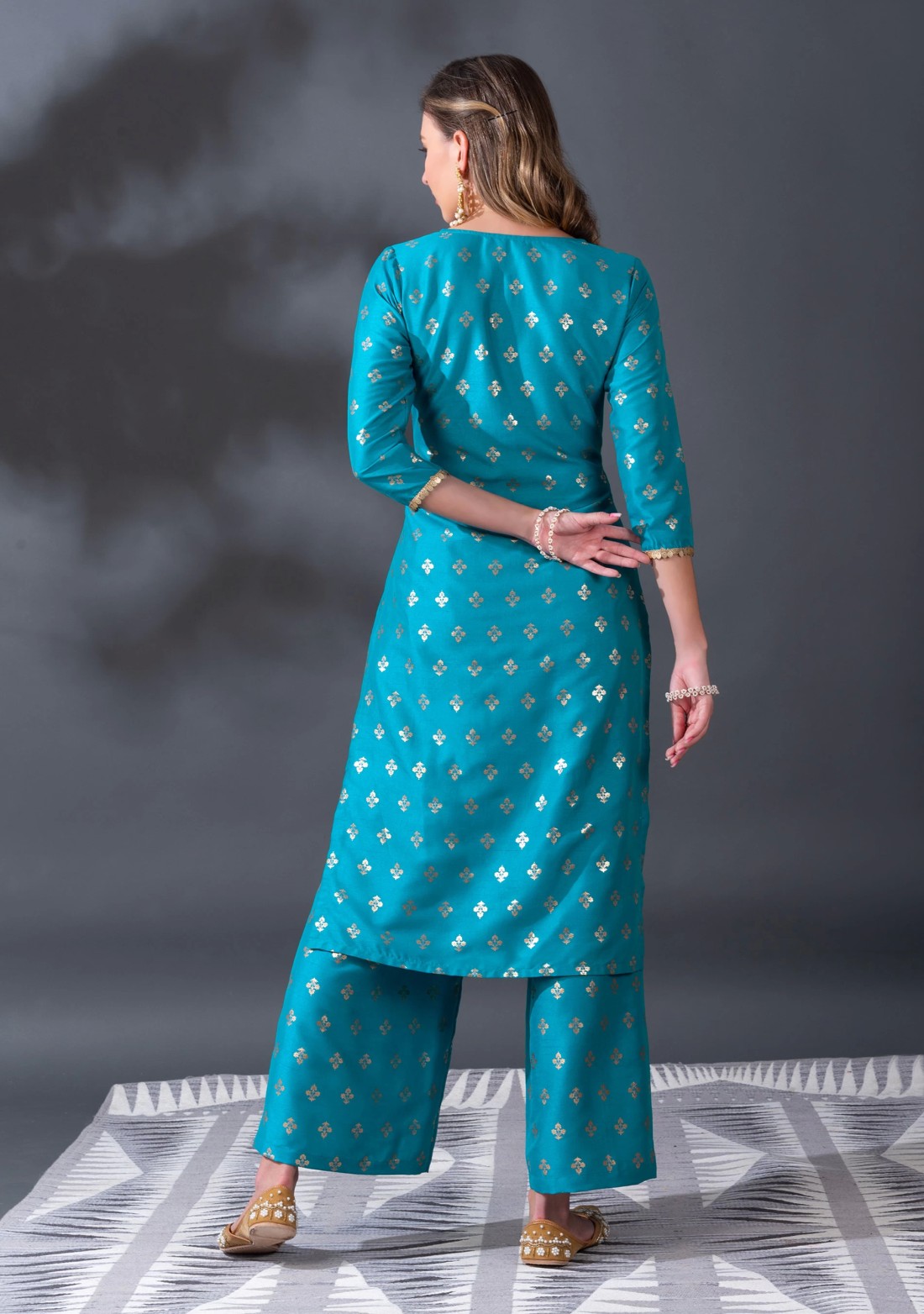 Blue Crepe Silk Foil Printed Straight Kurta