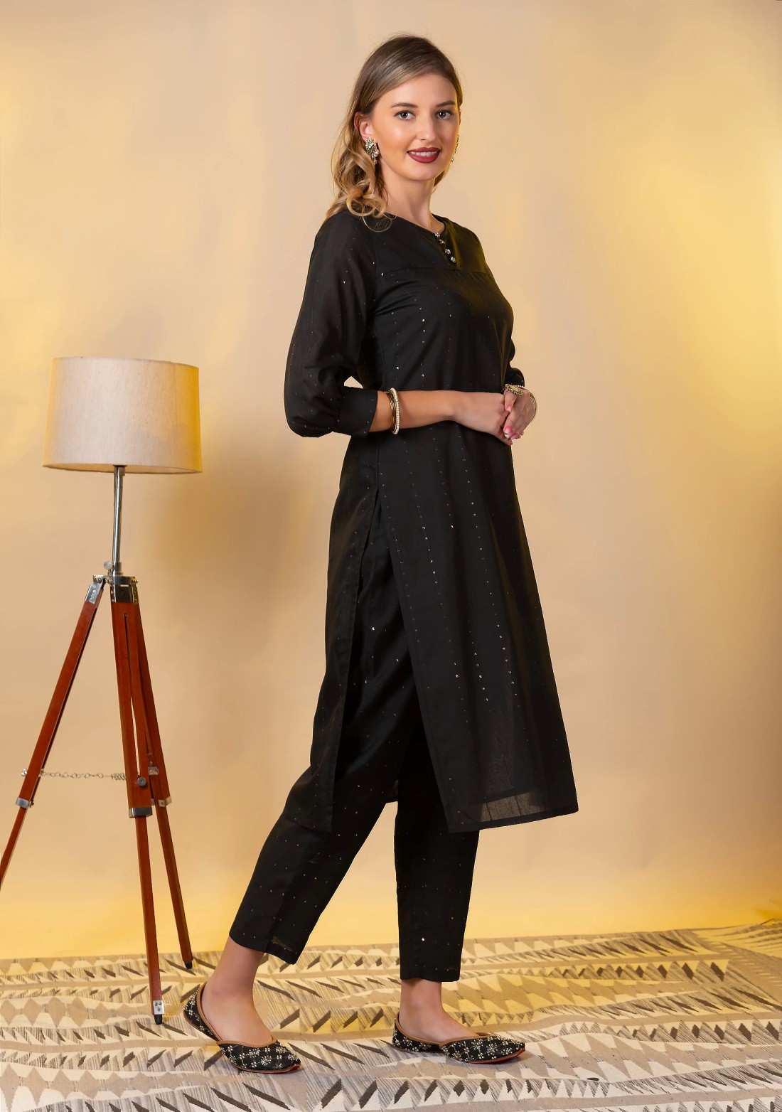 Black Sequins Embroidered Viscose Chanderi Silk Straight Kurta