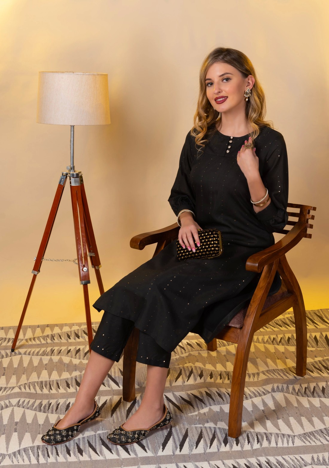 Black Sequins Embroidered Viscose Chanderi Silk Straight Kurta