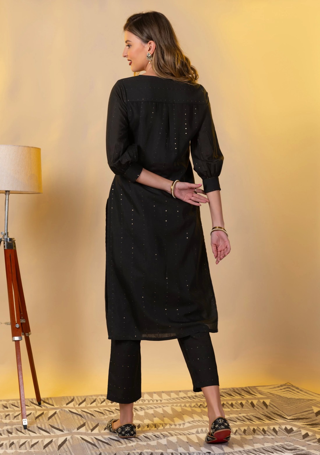 Black Sequins Embroidered Viscose Chanderi Silk Straight Kurta