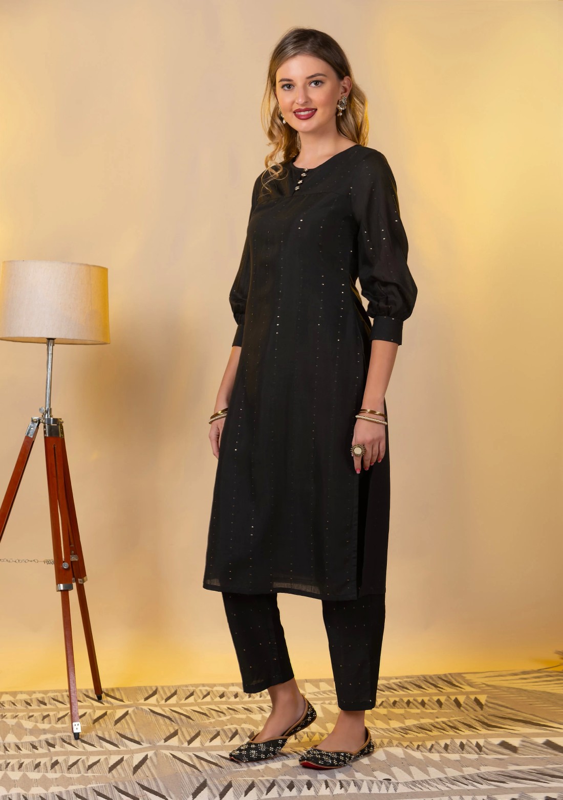 Black Sequins Embroidered Viscose Chanderi Silk Straight Kurta