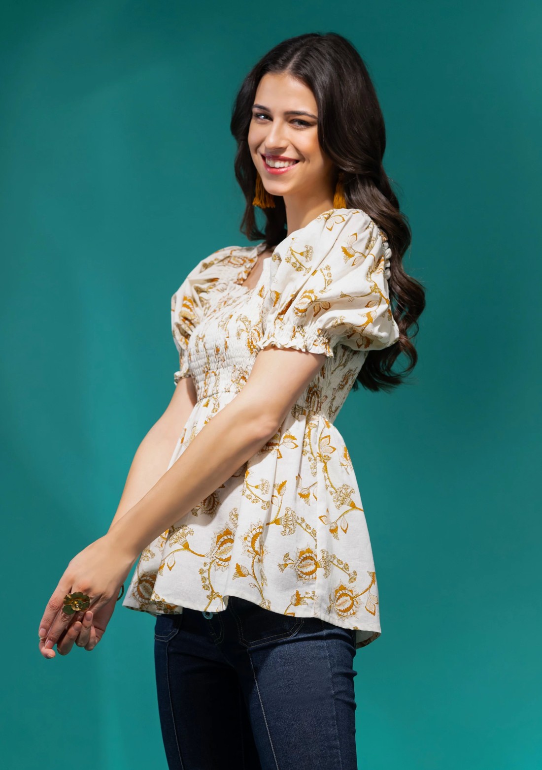 Oriental Print Off White Cotton Linen Peplum Top