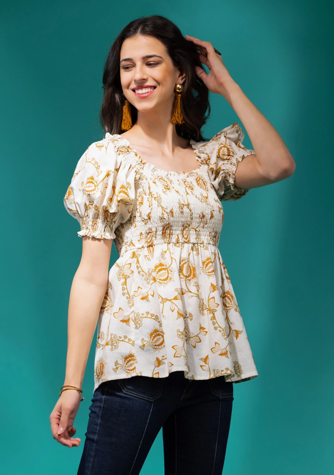 Oriental Print Off White Cotton Linen Peplum Top