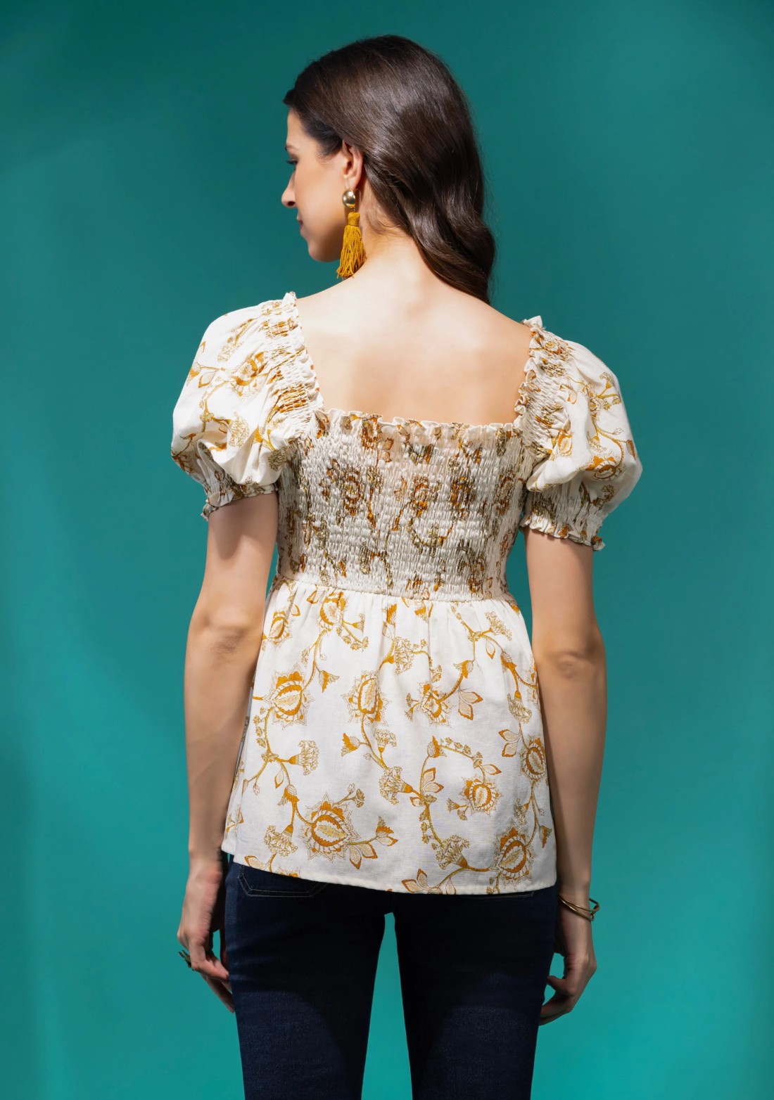 Oriental Print Off White Cotton Linen Peplum Top