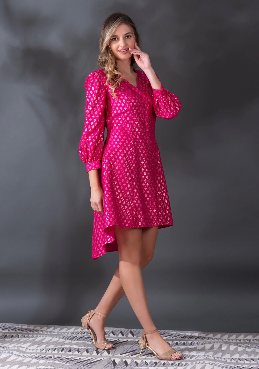 Fuchsia pink Foil Printed High Low Crepe Silk Dress