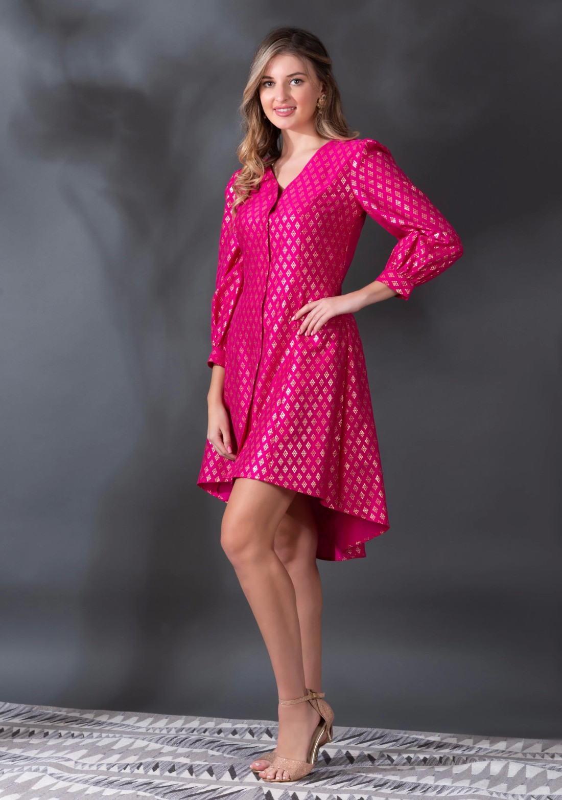 Fuchsia pink Foil Printed High Low Crepe Silk Dress