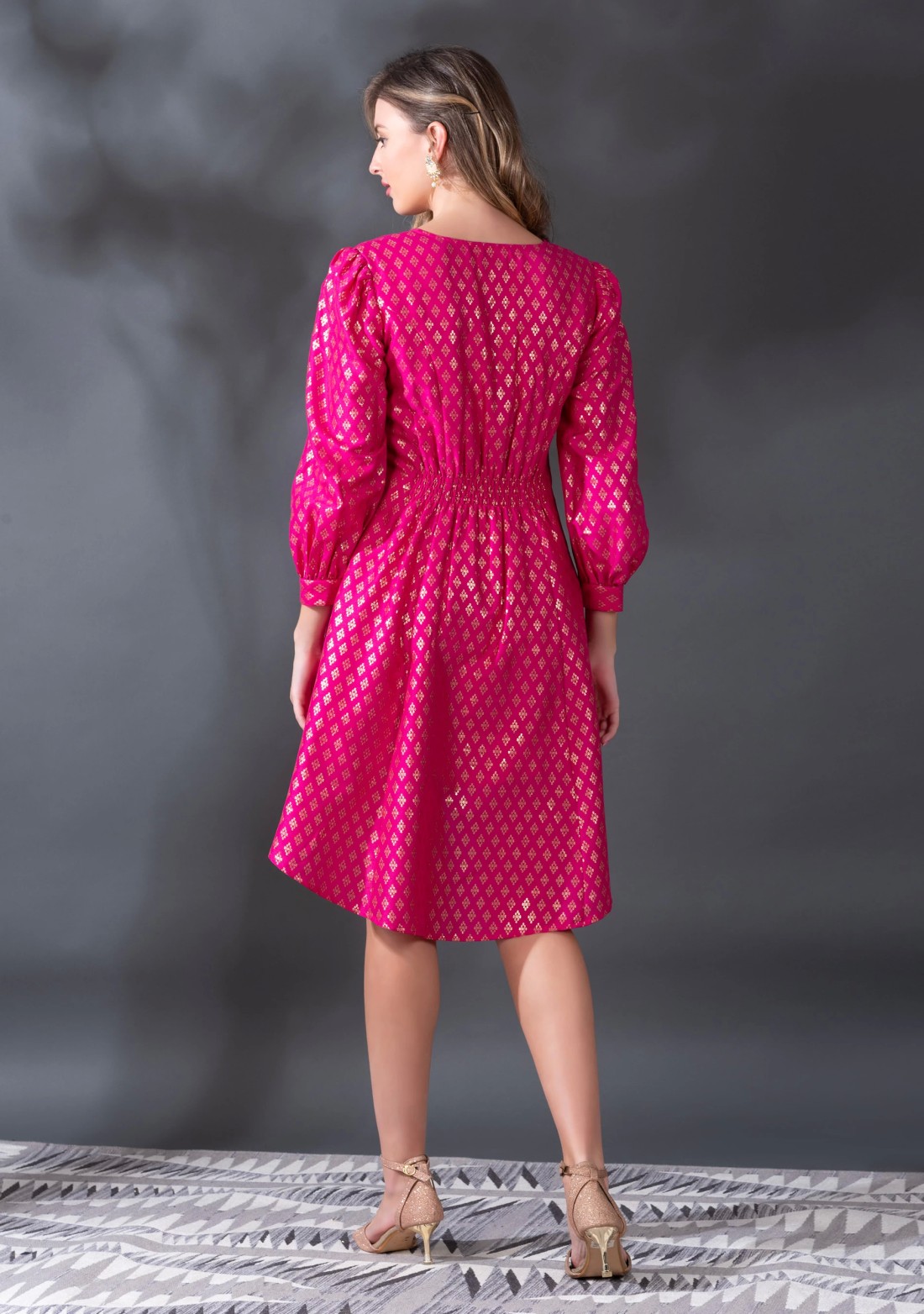 Fuchsia pink Foil Printed High Low Crepe Silk Dress