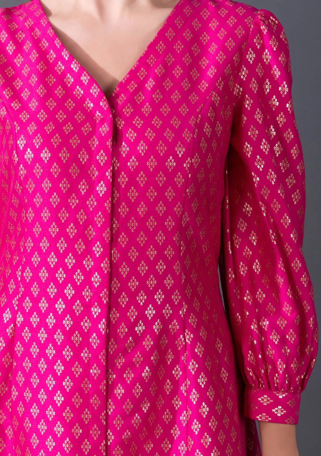 Fuchsia pink Foil Printed High Low Crepe Silk Dress