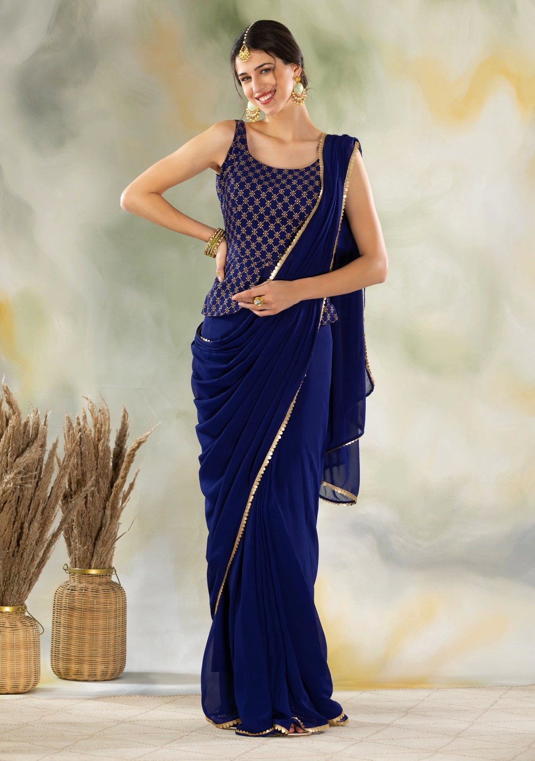 Royal Blue Ready To Wear Saree with Semi-Stitched Khari Printed Peplum Blouse
