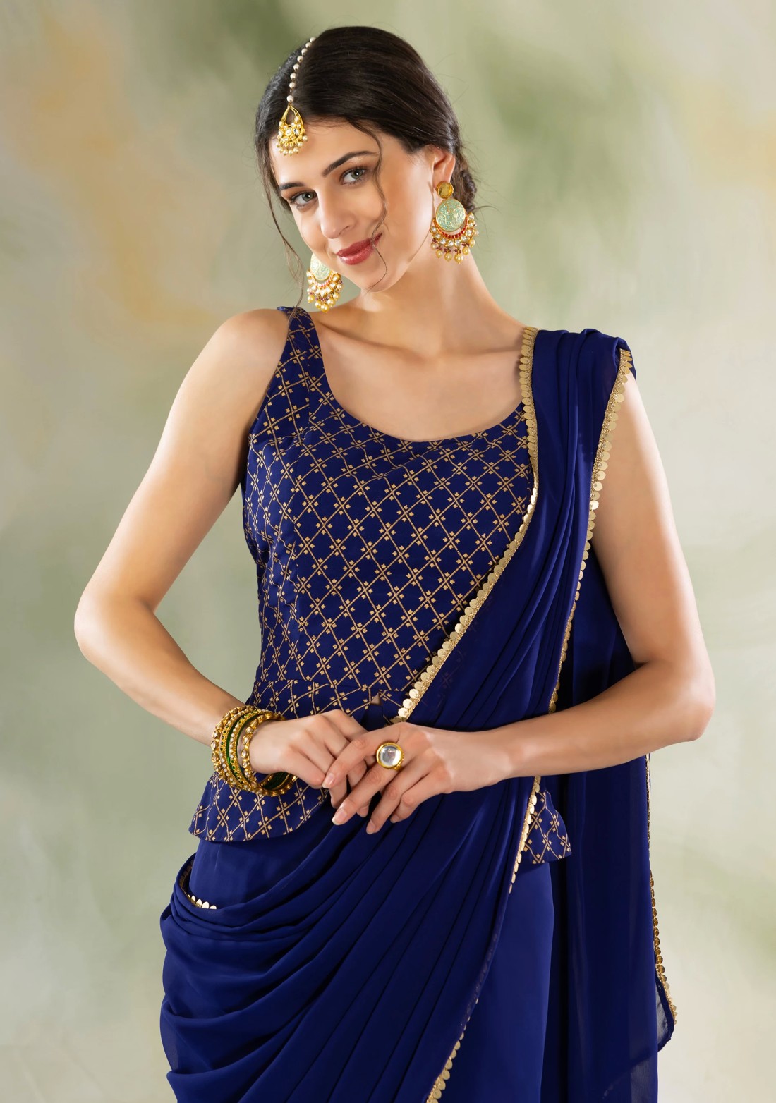 Royal Blue Ready To Wear Saree with Semi-Stitched Khari Printed Peplum Blouse