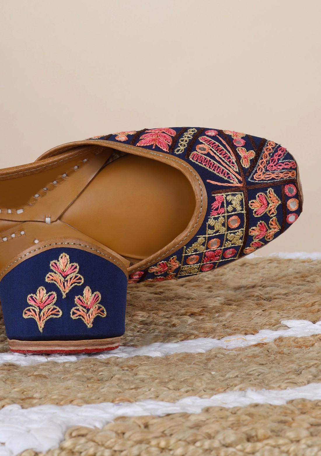 Navy Multi-colour Silk Thread Work Hand Embroidered Pure Leather Jutti