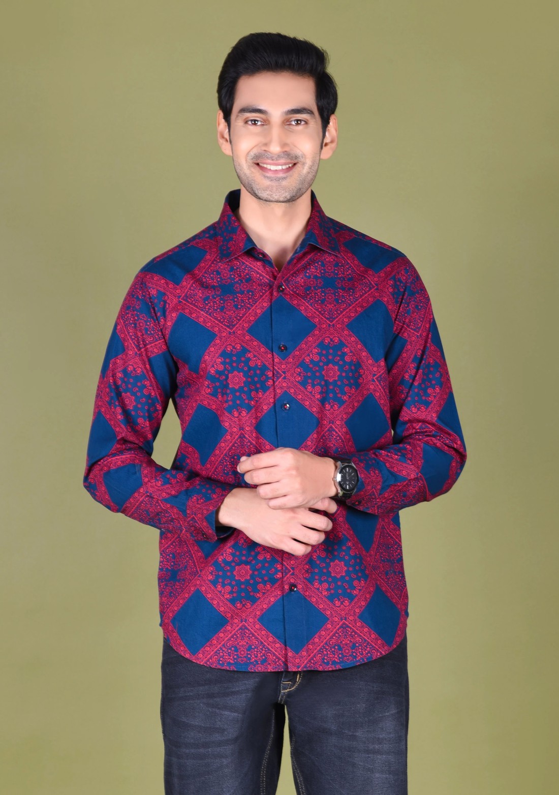 Red and Navy printed Slim fit Men's cotton Shirt