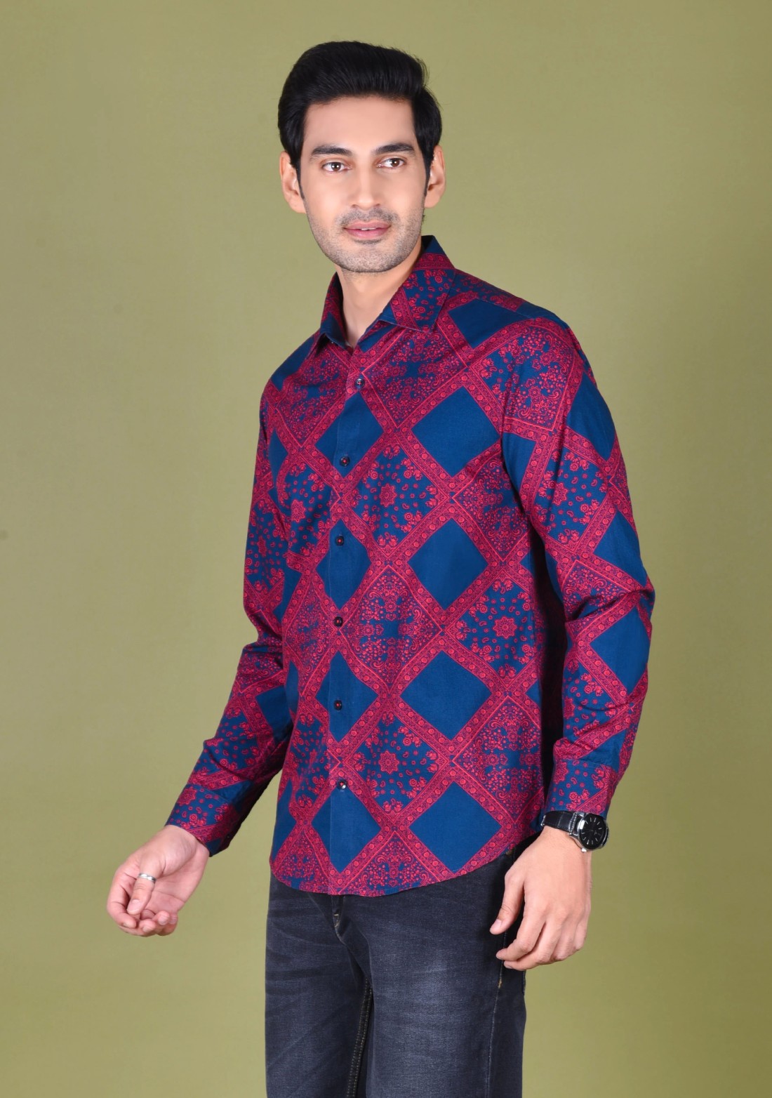 Red and Navy printed Slim fit Men's cotton Shirt