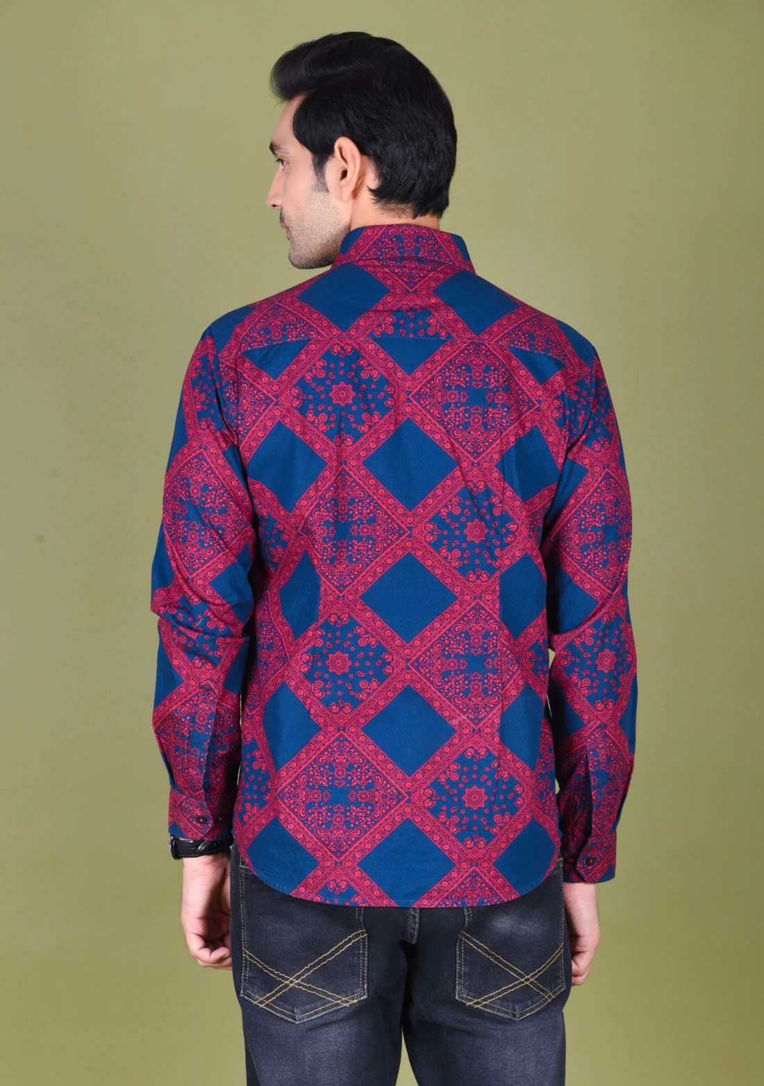 Red and Navy printed Slim fit Men's cotton Shirt