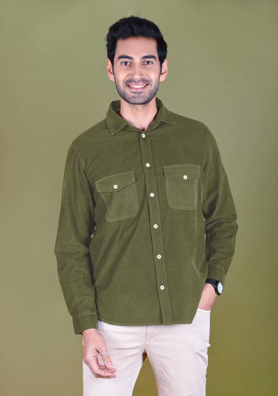 Olive Regular Fit Corduroy Men's Shirt