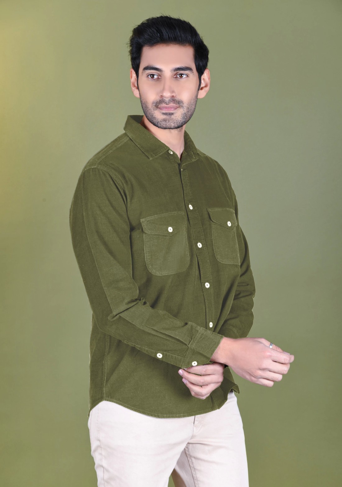 Olive Regular Fit Corduroy Men's Shirt