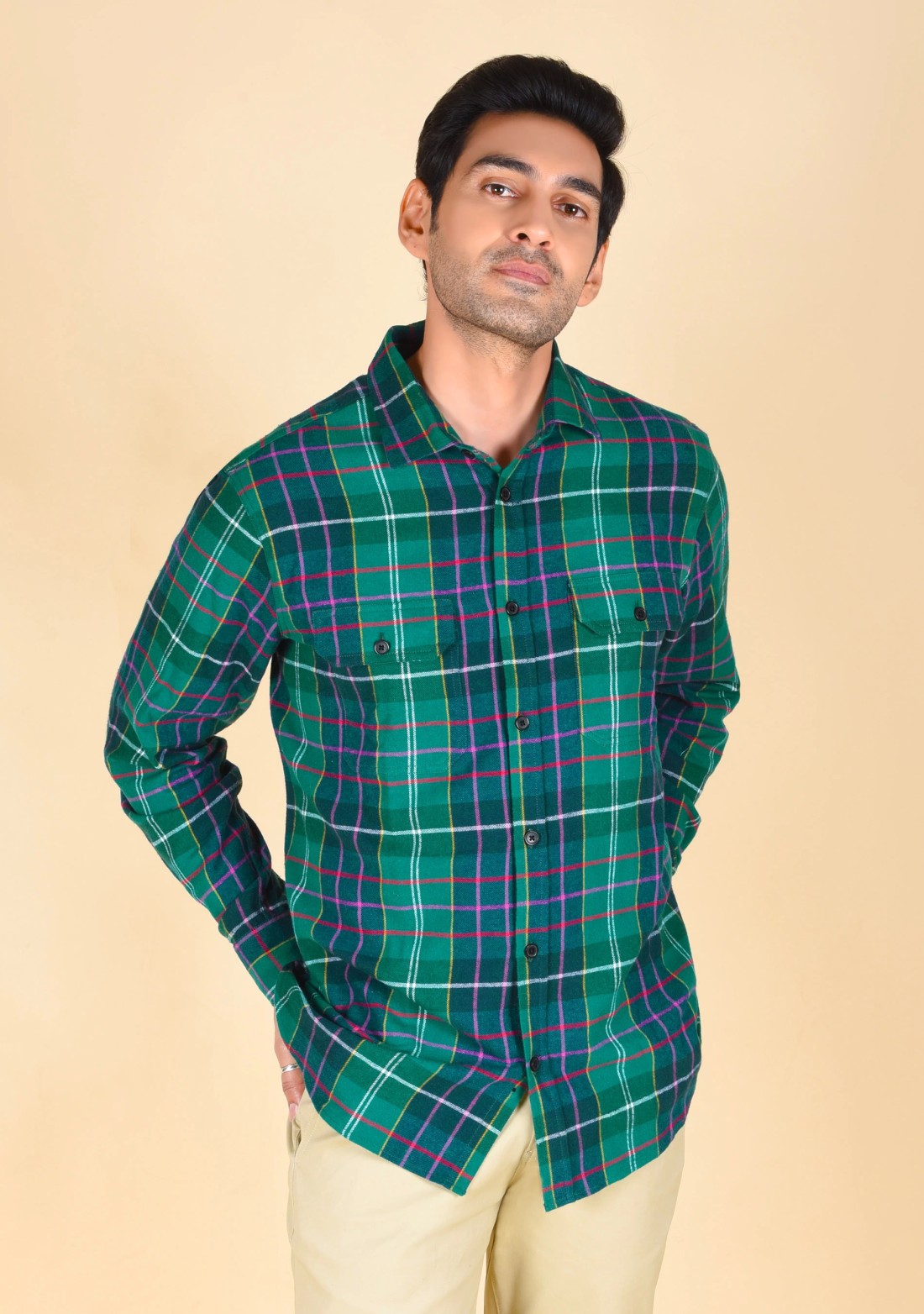 Olive Flannel Regular Fit Men's Shirt