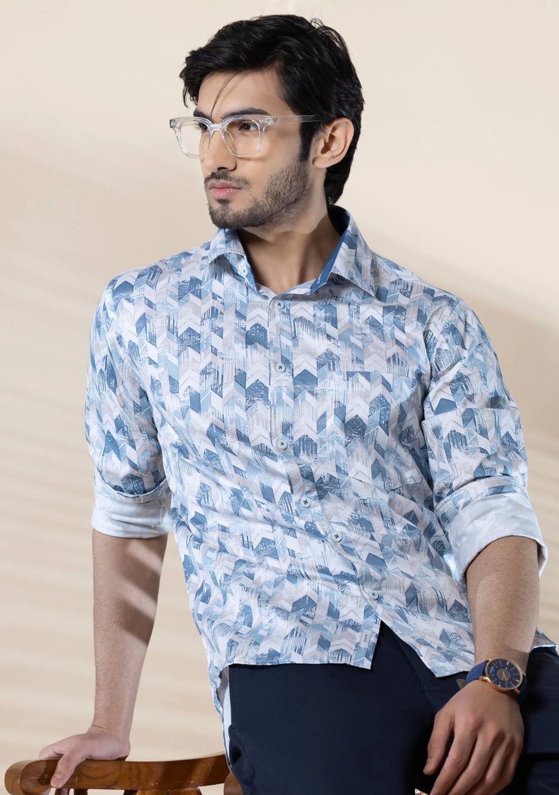 Blue Men's Slim Fit Cotton Printed Shirt