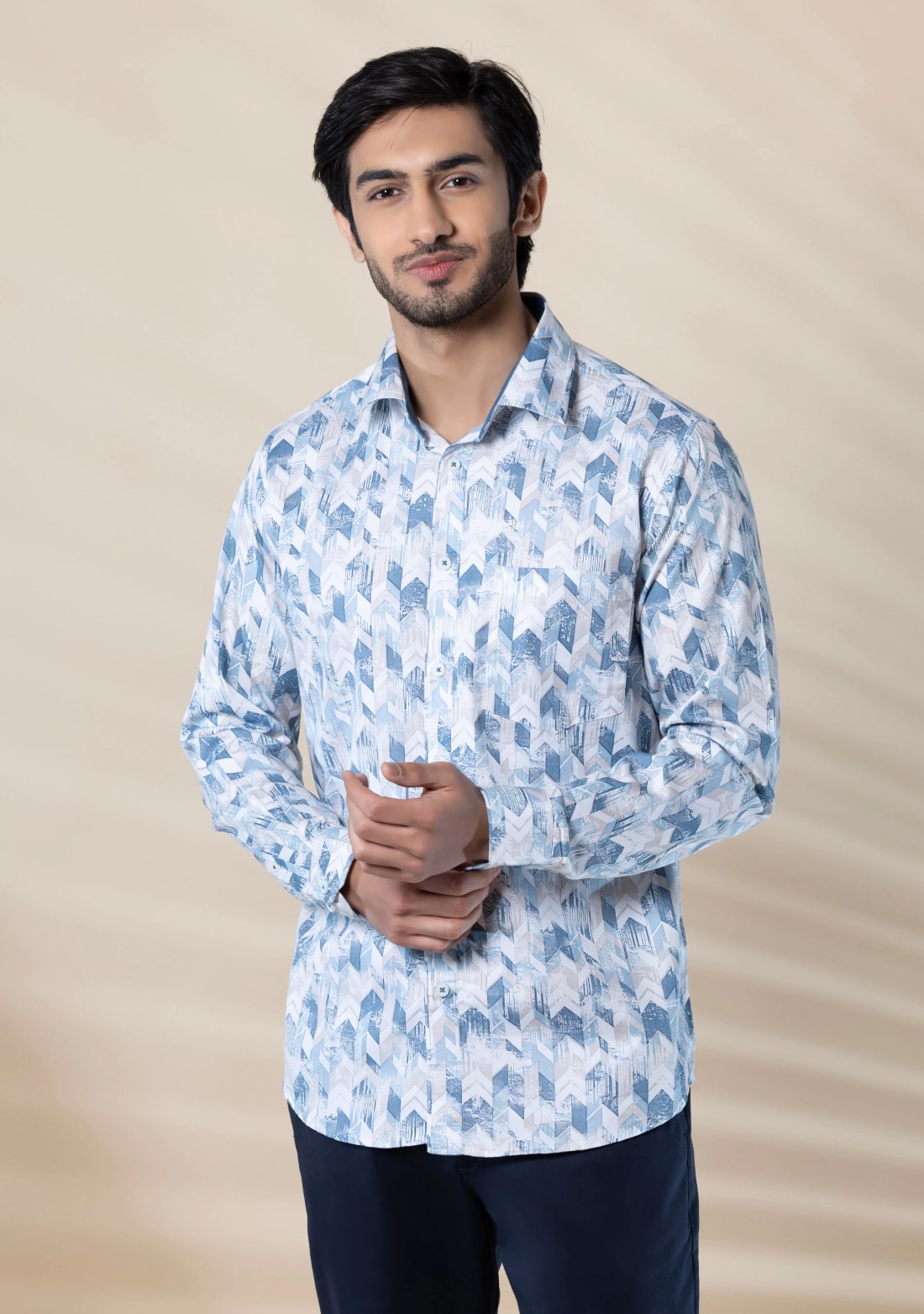 Blue Men's Slim Fit Cotton Printed Shirt