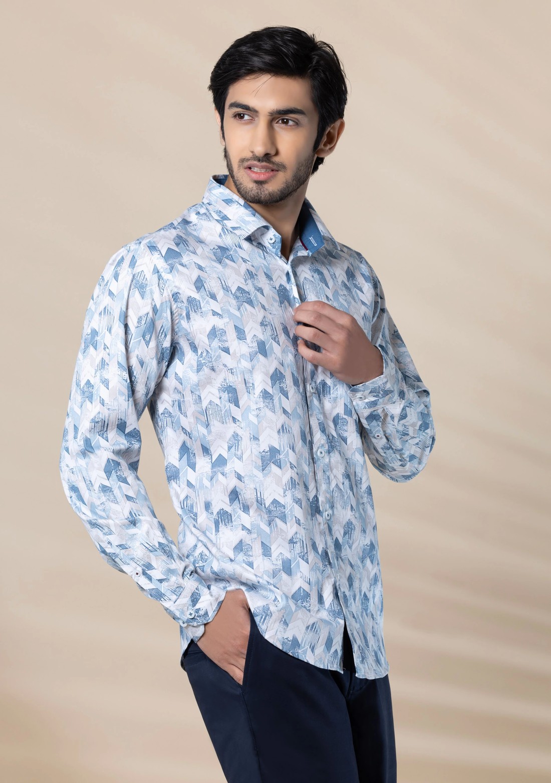 Blue Men's Slim Fit Cotton Printed Shirt