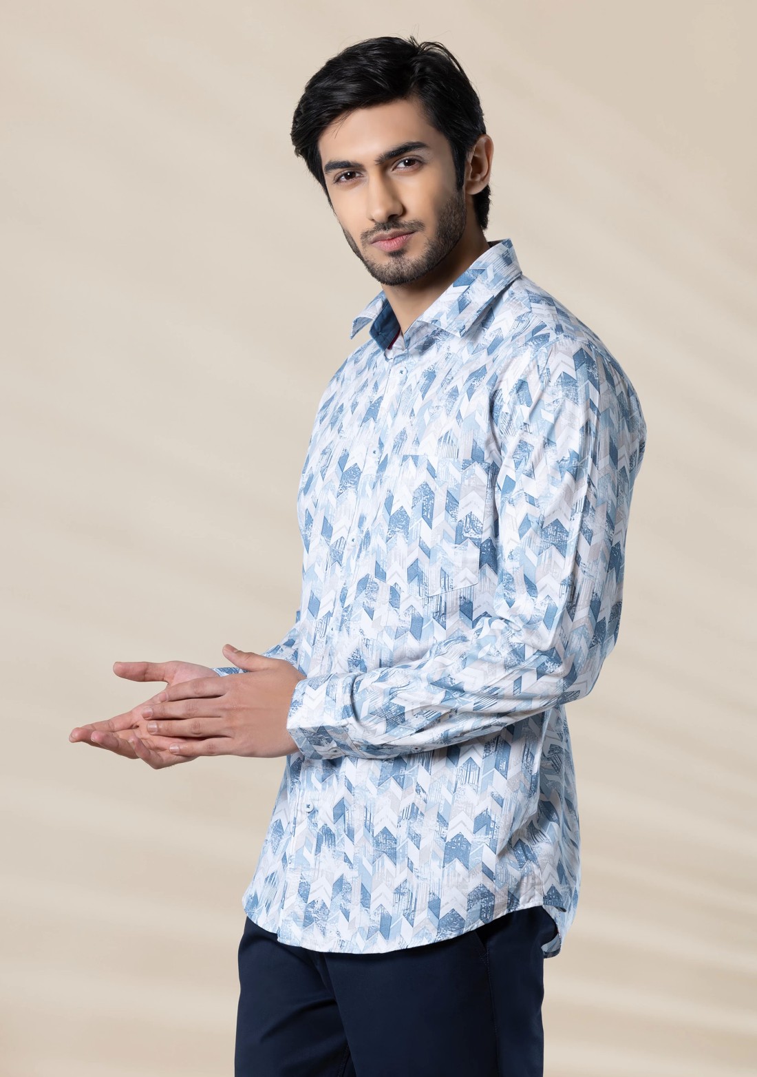 Blue Men's Slim Fit Cotton Printed Shirt