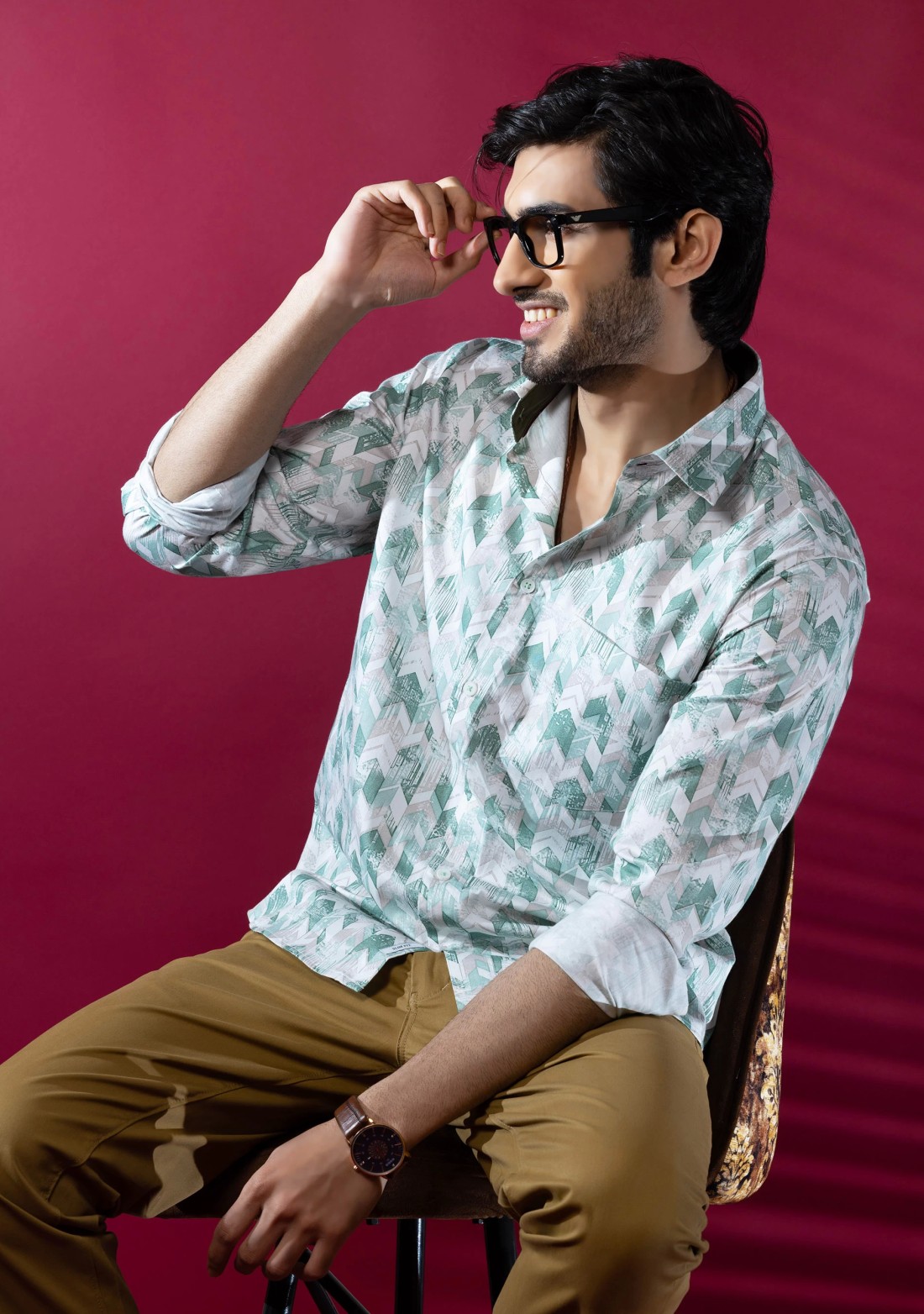 Light Green Men's Slim Fit Cotton Printed Shirt