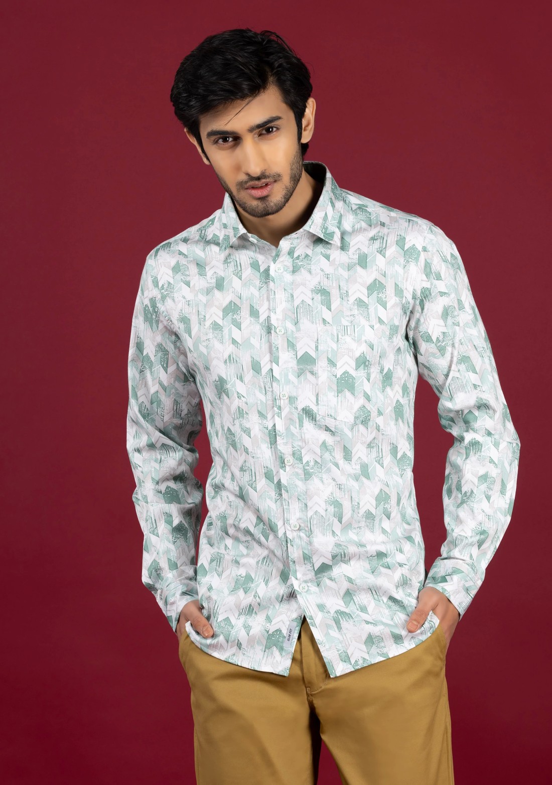 Light Green Men's Slim Fit Cotton Printed Shirt