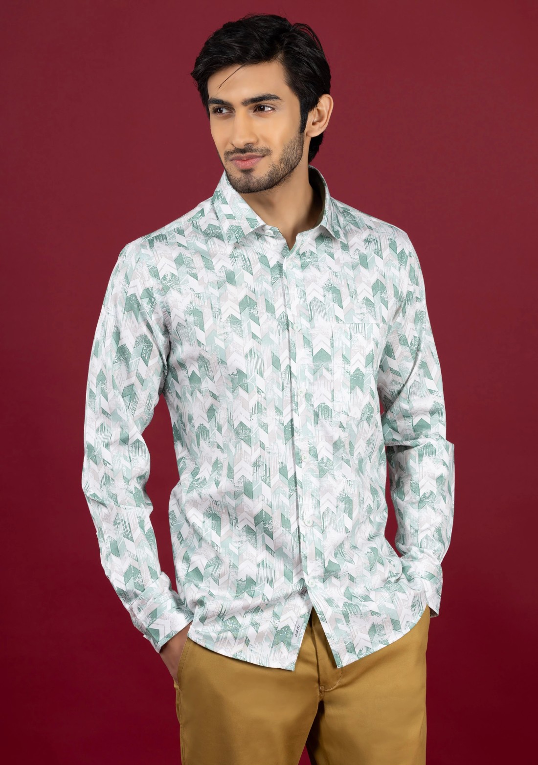 Light Green Men's Slim Fit Cotton Printed Shirt