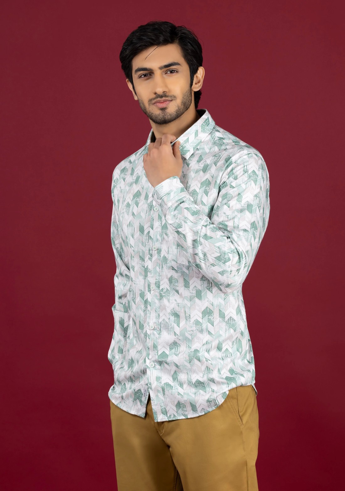 Light Green Men's Slim Fit Cotton Printed Shirt